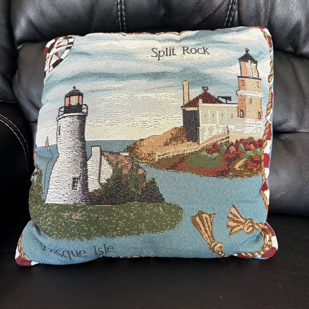 Lighthouse/nautical pillow Split Rock Presque Isle Lighthouses, 16"x16"